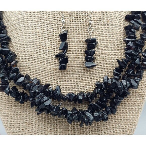Stone Multi Strand Artisan Statement Necklace &  Earrings Black Chip Stone - Picture 3 of 11